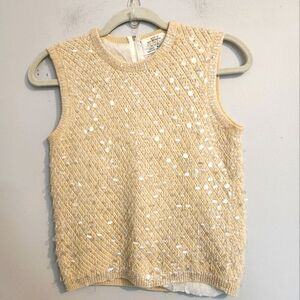Vintage 60s CYN LES Hand Beaded Cream Wool Sequin Paillette Sweater‎ Vest Small